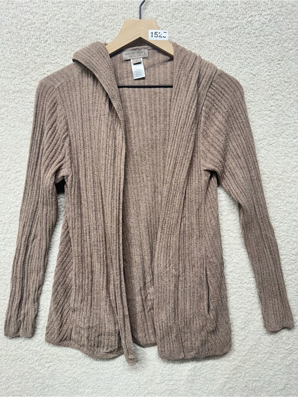 Barefoot Dreams CozyChic Ultra Lite Ribbed Hooded Open Front Cardigan Taupe Smal